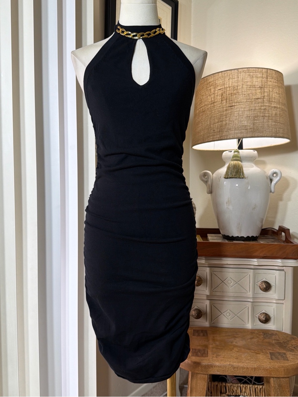 Marciano Black Halter Keyhole Bodycon Dress with Gold Chain